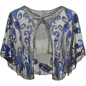 🆕 Women Blue Sequin Beaded Evening Cape Bridal Shawl Bolero Flapper Cover Up